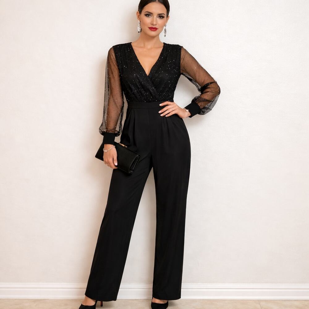 ChicMe Black Sparkle Pant Sheer Sleeve Jumper Glam Evening Party Women's Size M